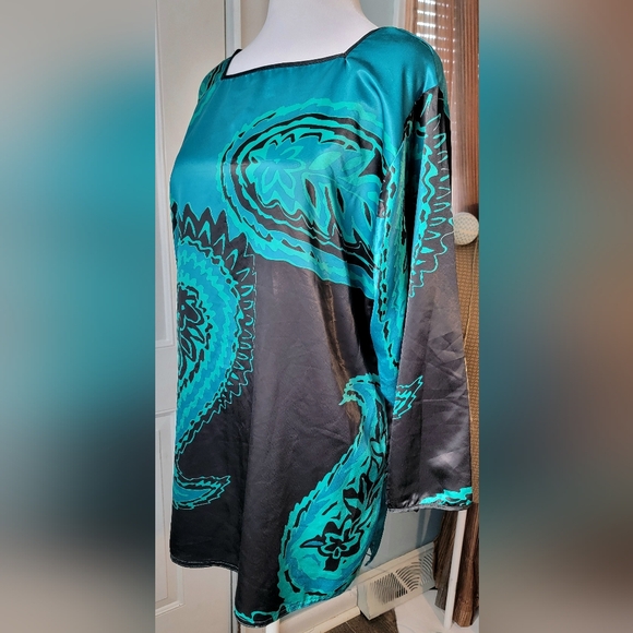 Oscar de la Renta for Swirl 80's 90's Vintage Kimono Blouse Womens M Black Teal - Picture 2 of 11